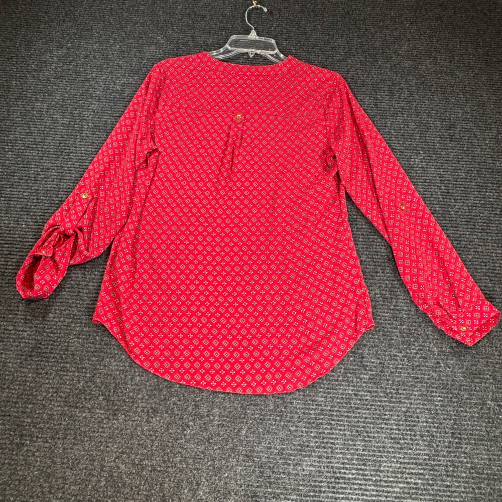 Zac & Rachel Womens Red Geometric Print Roll Tab Sleeve Blouse (Sm) Gold Buttons - Picture 2 of 8